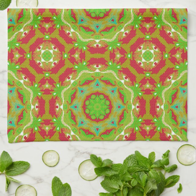 Happy Holiday Liquid Art Mandala Pattern Tea Towel (Folded)