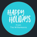 Happy Holiday | Modern Turquoise Personalised Name Classic Round Sticker<br><div class="desc">Make your holiday gifts and cards extra special with these fun and modern Happy Holidays stickers! Featuring playful hand-lettered typography on a bright turquoise background, this design adds a cheerful, personal touch to Christmas gifts, holiday party favours, and seasonal packaging. Perfect for families, businesses, or party hosts, these stickers can...</div>