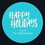Happy Holiday | Modern Turquoise Personalised Name Classic Round Sticker<br><div class="desc">Make your holiday gifts and cards extra special with these fun and modern Happy Holidays stickers! Featuring playful hand-lettered typography on a bright turquoise background, this design adds a cheerful, personal touch to Christmas gifts, holiday party favours, and seasonal packaging. Perfect for families, businesses, or party hosts, these stickers can...</div>