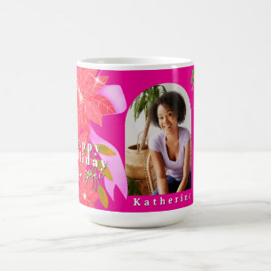 Happy Holiday New Year Poinsettia Photo Hot Pink Coffee Mug
