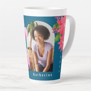 Happy Holiday New Year Poinsettia Photo Teal Latte Mug