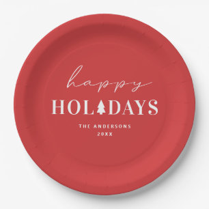 Happy Holiday Red Christmas & New Year Party Paper Plate