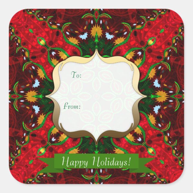 Happy Holiday Red+Green Gift Tag Square Sticker (Front)