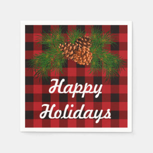 Happy Holiday, red tartan, pine-cone detail Napkin