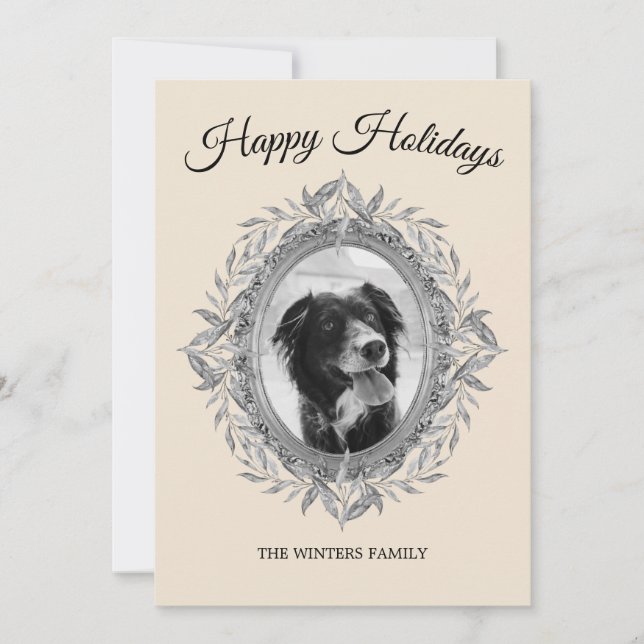 Happy Holiday Silver Grey Leaves Wreath Photo Card (Front)