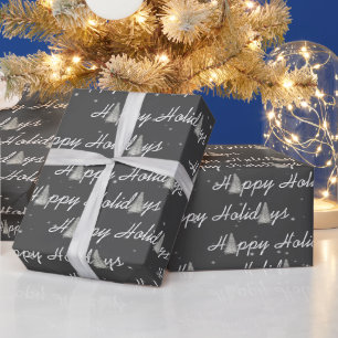 Happy Holiday Trees on Gray Wrapping Paper