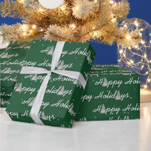Happy Holiday Trees on Green Wrapping Paper