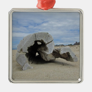 Happy Holiday Warm Pacific Coast Beach Driftwood Metal Ornament