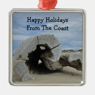 Happy Holiday Warm Pacific Coast Beach Driftwood Metal Ornament