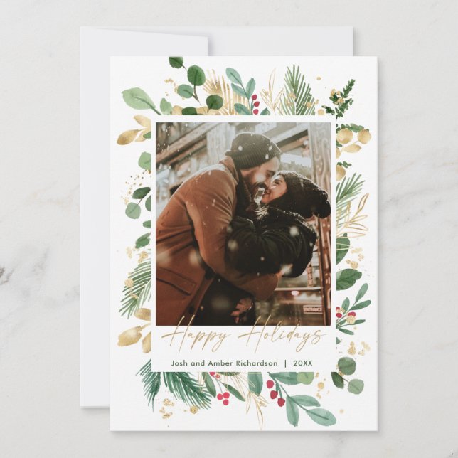 Happy Holiday watercolor greenery gold red holly (Front)