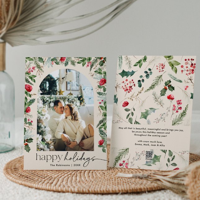 Happy Holidays 1 Photo Botanical Arch Modern Boho Holiday Card (Creator Uploaded)