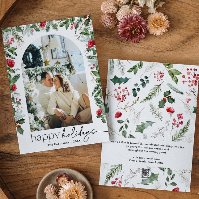 Happy Holidays 1 Photo Botanical Arch Modern Holiday Card (Creator Uploaded)