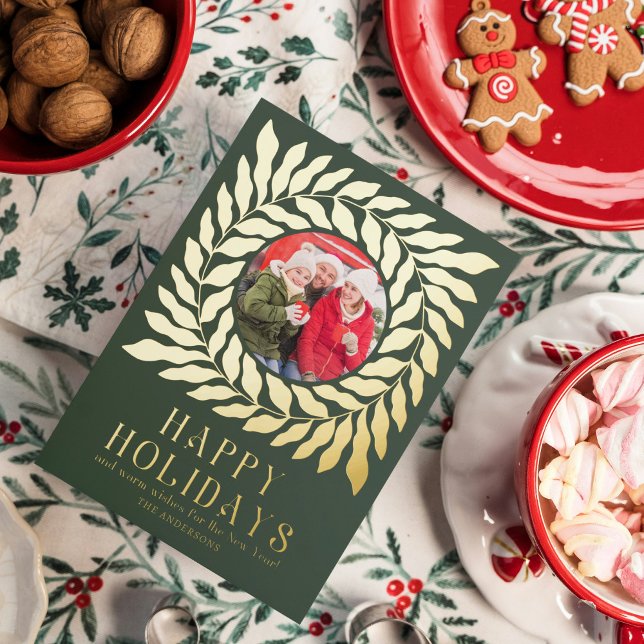 Happy Holidays 2 Photo Modern Script Bold Floral  Foil Holiday Card (Creator Uploaded)