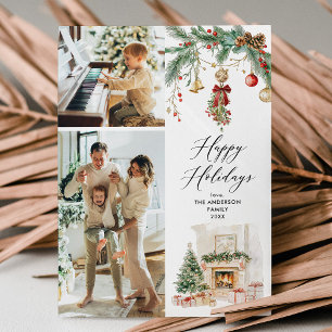 Happy Holidays 2 Photo Winter Scene & Greenery Holiday Card