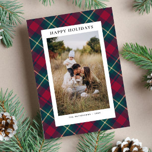 Happy Holidays 2 Photos Fun Plaid Simple Classic Holiday Card