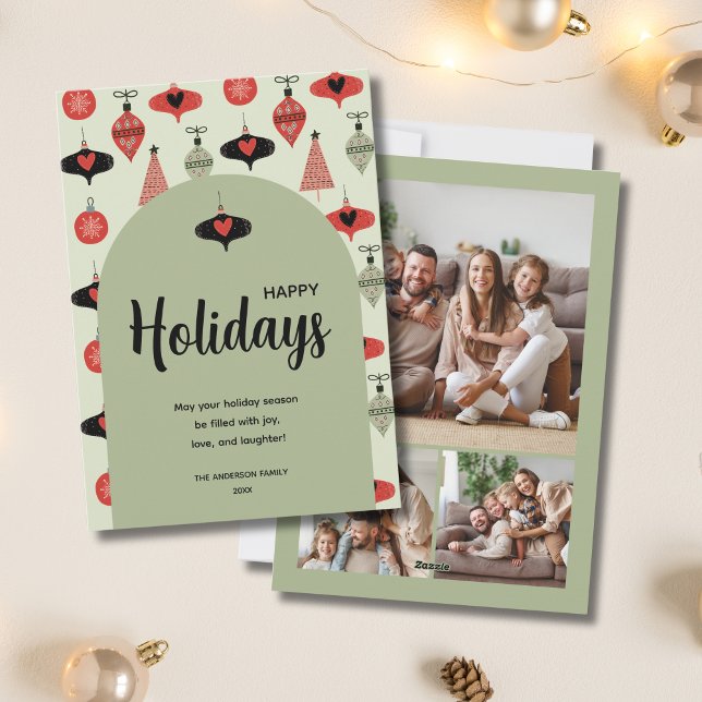 Happy Holidays 3 Family Photo Collage Green Arch Holiday Card (Happy Holidays 3 Family Photo Collage Green Arch Holiday Card)