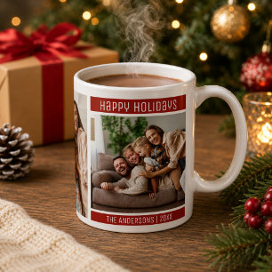 Happy Holidays 3 Family Photo Collage Red Coffee Mug