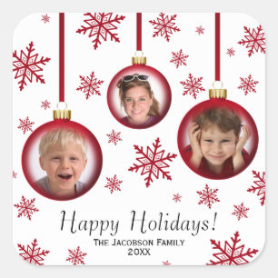 Happy Holidays 3 Photo Fun Red Baubles Christmas Square Sticker