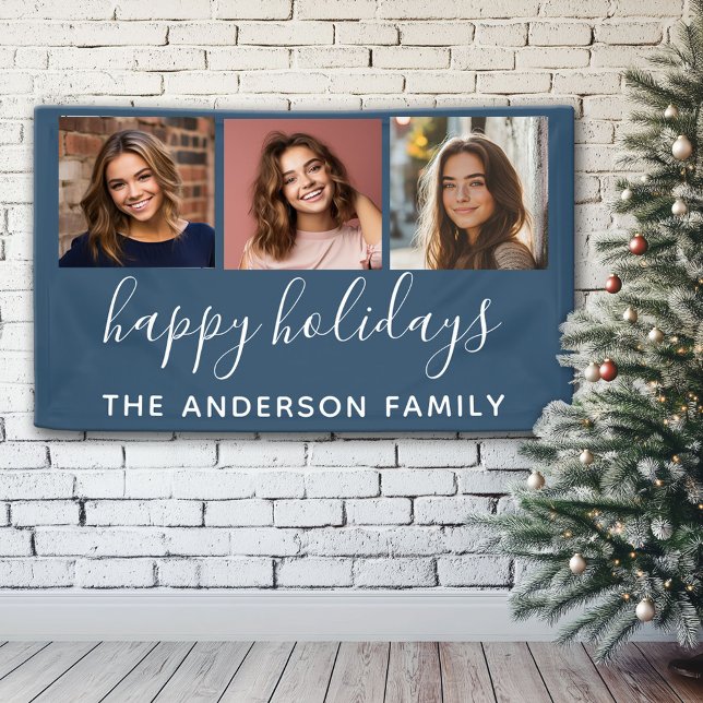 Happy Holidays 3 Photos - Can CHANGE colour navy Banner (Custom Christmas Holiday Banner)