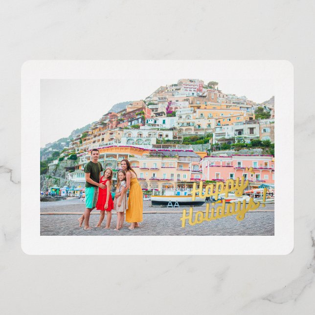 Happy Holidays 4 Photo Family Vacation Gold Foil Holiday Card (Front)
