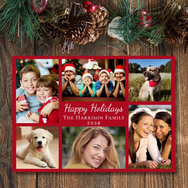 Happy Holidays 6 Photo Collage Christmas Red Holiday Card (Creator Uploaded)