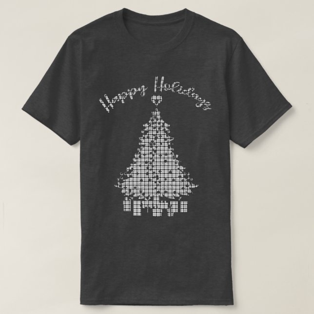 Happy Holidays a Love B&W Plaid Design Tree Lights T-Shirt (Design Front)