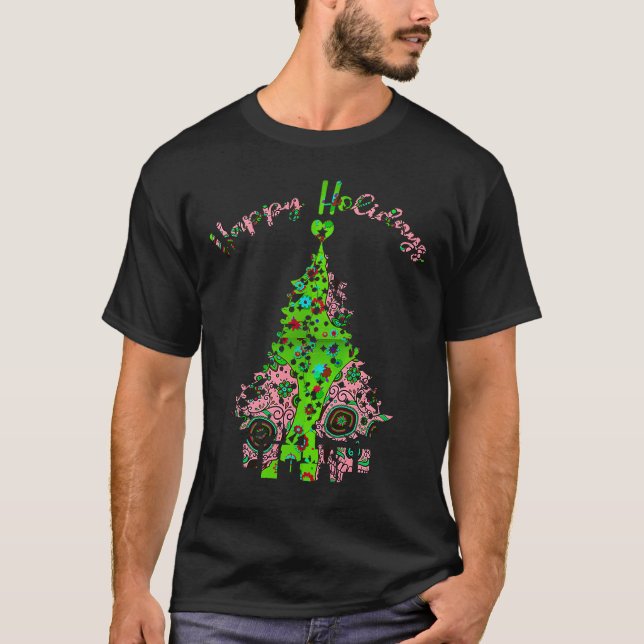 Happy Holidays a Pink Green Paisley Christmas Tree T-Shirt (Front)