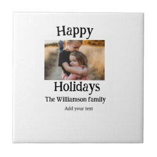 Happy holidays add family name photo Christmas Ceramic Tile
