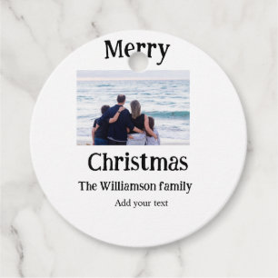 Happy holidays add family name photo Christmas Favour Tags