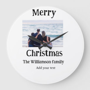 Happy holidays add family name photo Christmas Large Clock