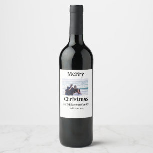 Happy holidays add family name photo Christmas  Wine Label