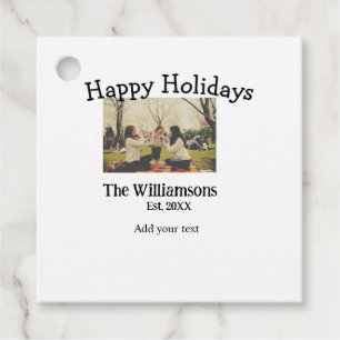 Happy holidays add family name photo date year sim favour tags