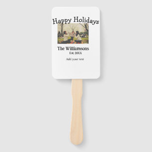 Happy holidays add family name photo date year sim hand fan