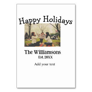 Happy holidays add family name photo date year sim table number