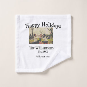Happy holidays add family name photo date year sim wash cloth