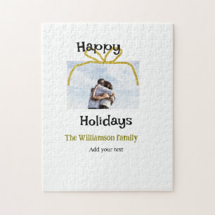 Happy holidays add family name photo gold bow jigsaw puzzle