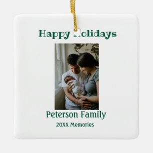 Happy holidays add family photo green Christmas fa Ceramic Ornament