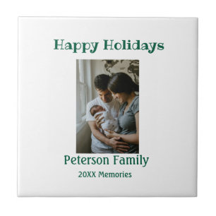 Happy holidays add family photo green Christmas fa Ceramic Tile