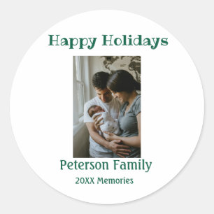 Happy holidays add family photo green Christmas fa Classic Round Sticker