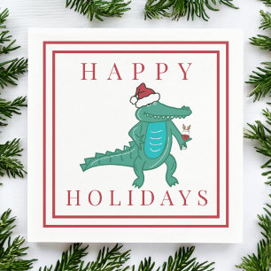 Happy Holidays Alligator Santa Reindeer Wine Napkin