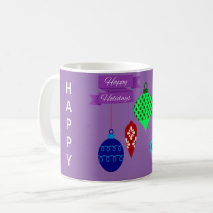 Happy Holidays and Hanging Ornaments Purple Banner Coffee Mug