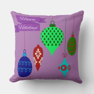 Happy Holidays and Hanging Ornaments Rich Purple Cushion
