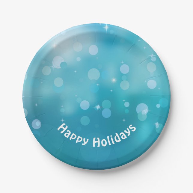 Happy Holidays aqua bokeh lights Paper Plate (Front)