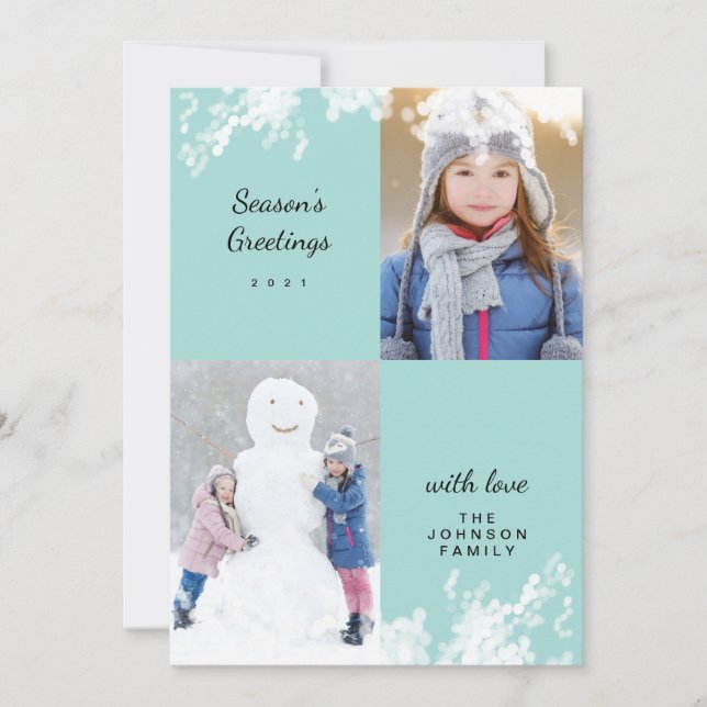 Happy Holidays Aqua Snowy Minimal Family Photo Holiday Card (Front)