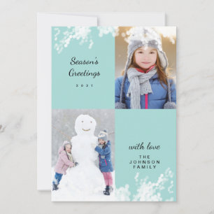 Happy Holidays Aqua Snowy Minimal Family Photo Holiday Card