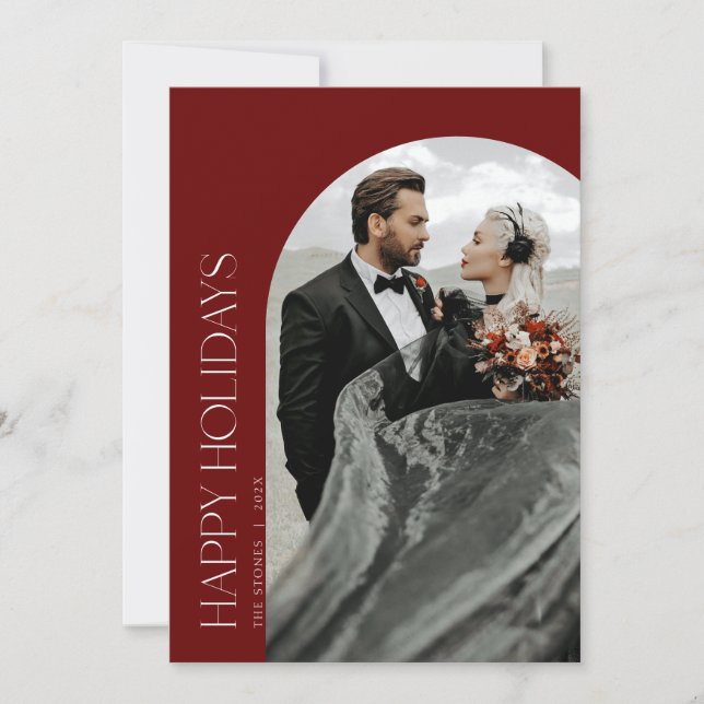 Happy Holidays Arch Photo Christmas Card Maroon (Front)