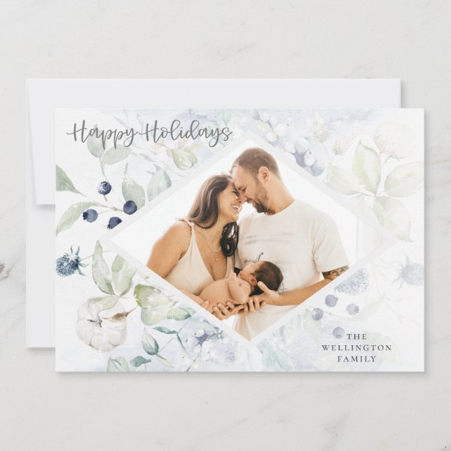 Happy Holidays Arctic Winter Botanical Photo Holiday Card (Front)