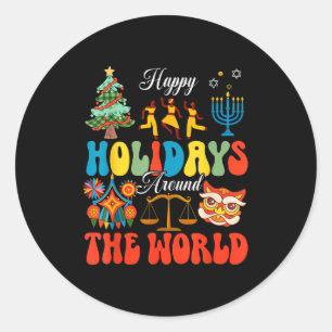 Happy Holidays Around World Christmas Hanukkah Diw Classic Round Sticker