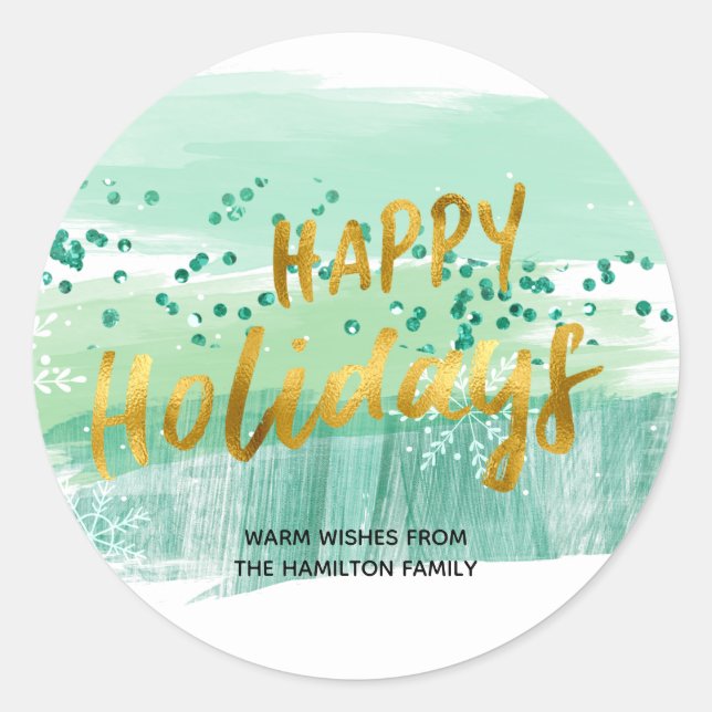 Happy Holidays Artsy Green Watercolor Gold Classic Round Sticker (Front)
