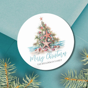Happy Holidays Beach Christmas Tree Classic Round Sticker